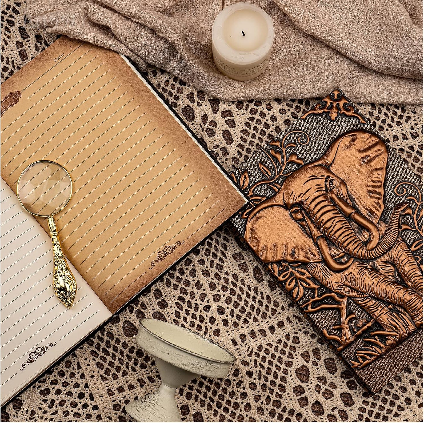 3D Elephant Vintage Leather Journal Writing Notebook with Pen Set,Antique Handmade Leather Daily Notepad Sketchbook,Travel Diary&Notebooks to Write In,Elephant Journal Gift for Men Women