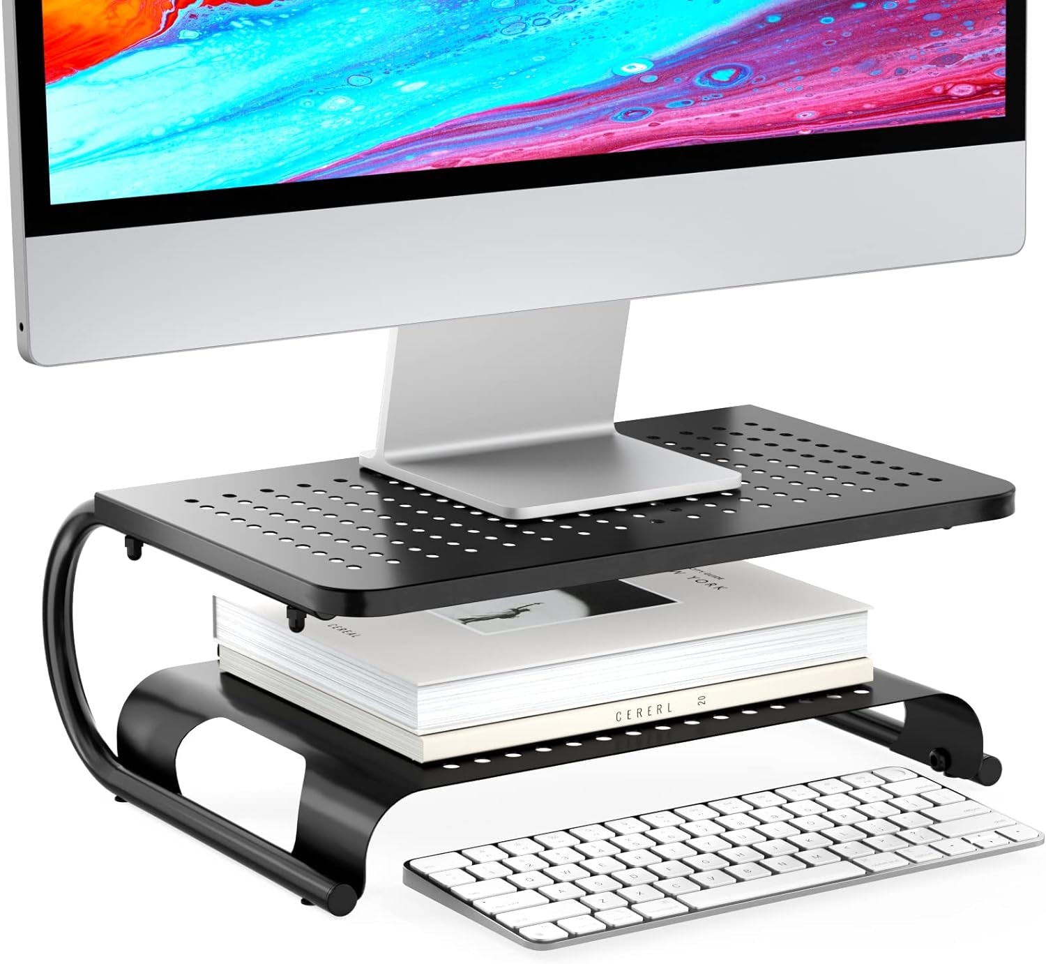 Monitor Stand Riser, Computer Desktop Stand Riser Holder, Vented Metal 2 Tier Desk Shelf for Desk Organizer (STT001B-2), 2 Pack, Black