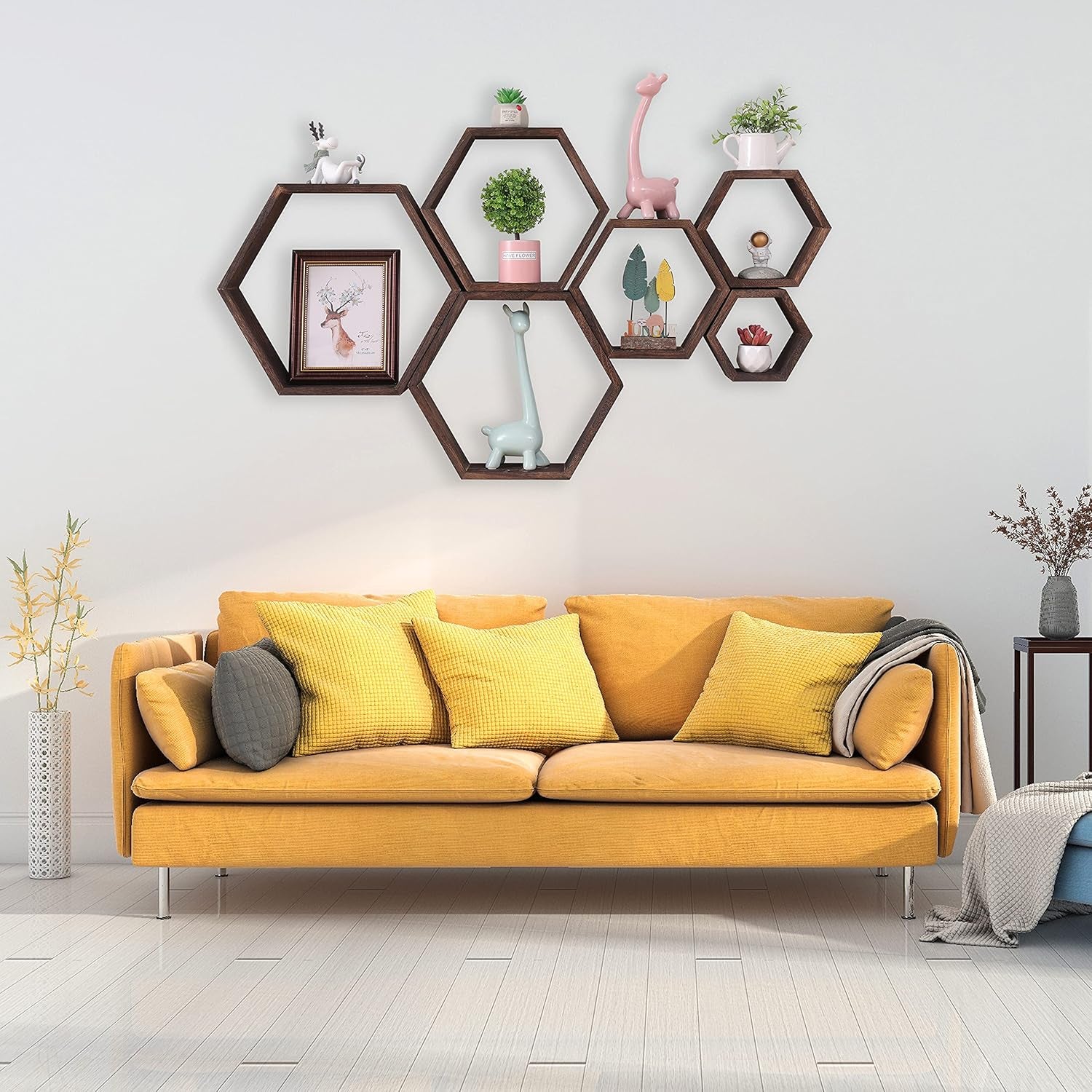 Hexagon Floating Shelves Set of 6 Wall Mounted Wood Farmhouse Storage Honeycomb Wall Shelf , Hexagonal Decor Wall Shelves for Bedroom, Living Room, Office, Screws Anchors Included Walnut