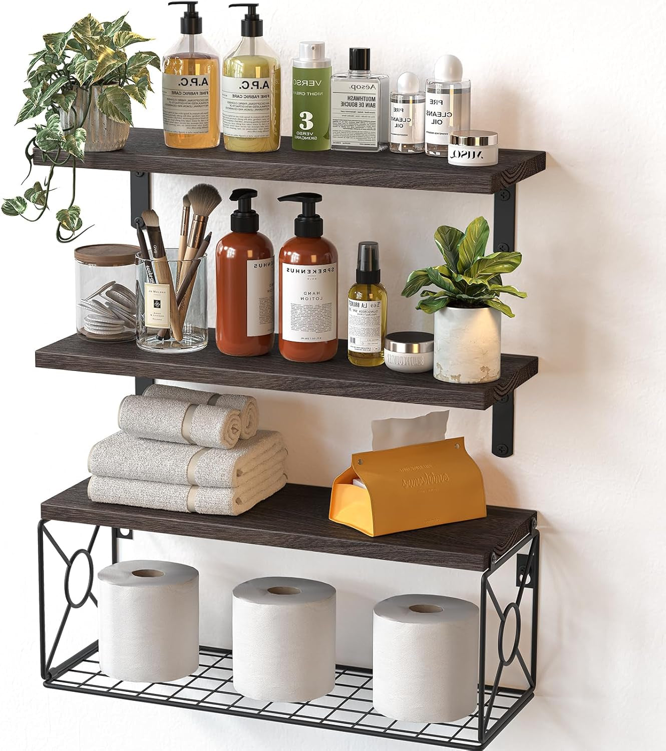 Amada Bathroom Shelves over Toilet with Storage Basket, Floating Shelves Wall Shelves for Home Organization & Wall Decor, Bathroom/Kitchen/Living Room Shelves–Natural Wood