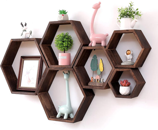 Hexagon Floating Shelves Set of 6 Wall Mounted Wood Farmhouse Storage Honeycomb Wall Shelf , Hexagonal Decor Wall Shelves for Bedroom, Living Room, Office, Screws Anchors Included Walnut