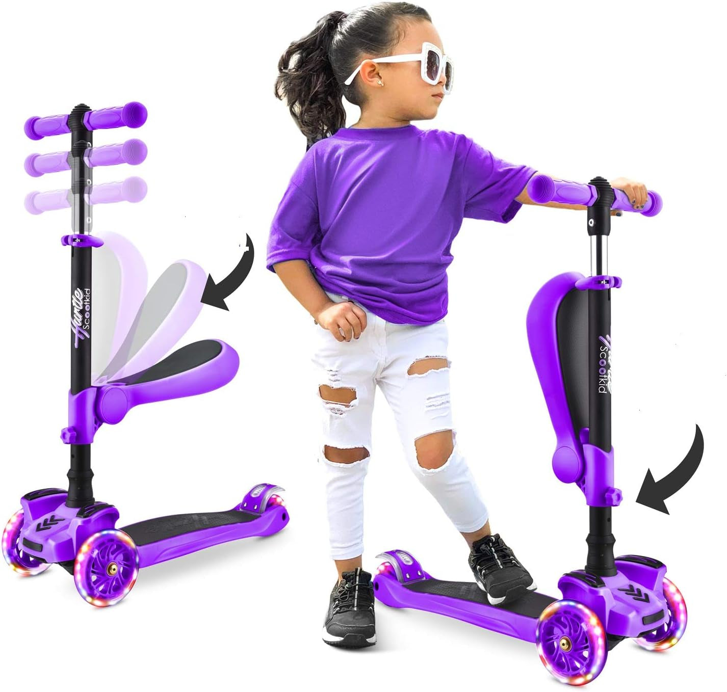 3-Wheeled Scooter for Kids - Wheel LED Lights, Adjustable Lean-To-Steer Handlebar, and Foldable Seat - Sit or Stand Ride with Brake for Boys and Girls Ages 1-14 Years Old