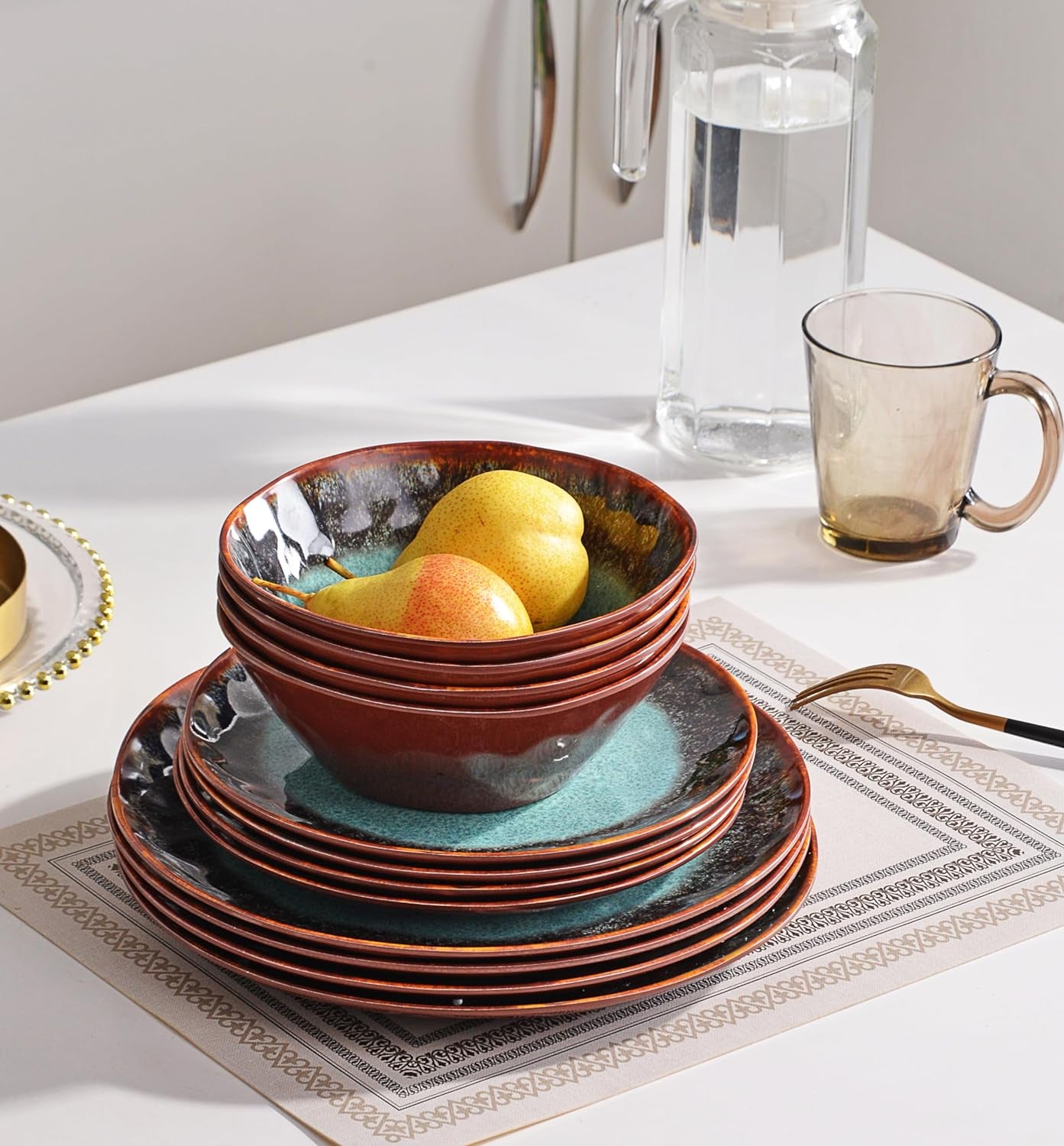 Melamine Dinnerware Set 12 Pcs for 4, Camping Plates and Bowls, Unbreakable, Lightweight, BPA Free, Dishwasher Safe, Blue with Brown