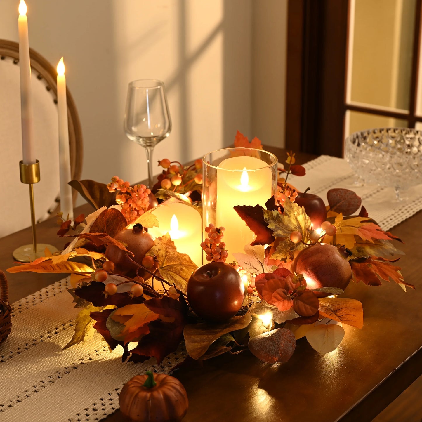 24 Inches Pre-Lit Fall Wreath Lighted Thanksgiving Wreath with Pomegranate & Apple Fall Wreath for Front Door Indoor Fireplace Farmhouse