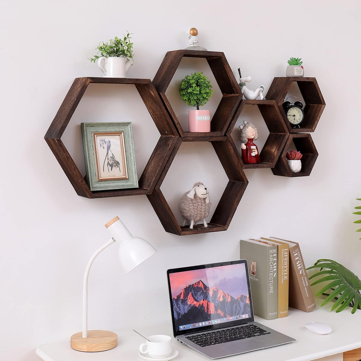 Hexagon Floating Shelves Set of 6 Wall Mounted Wood Farmhouse Storage Honeycomb Wall Shelf , Hexagonal Decor Wall Shelves for Bedroom, Living Room, Office, Screws Anchors Included Walnut