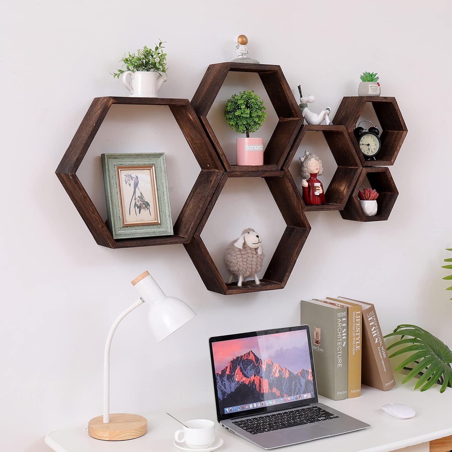 Hexagon Floating Shelves Set of 6 Wall Mounted Wood Farmhouse Storage Honeycomb Wall Shelf , Hexagonal Decor Wall Shelves for Bedroom, Living Room, Office, Screws Anchors Included Walnut
