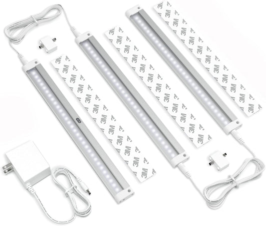 Hand Wave Activated under Cabinet LED Lighting Kit, Dimmable, 3-Pack 12 in - Touchless Dimming Control, White under Counter Lights for Kitchen, Garage, Office, Desk - Cool White (6000K)