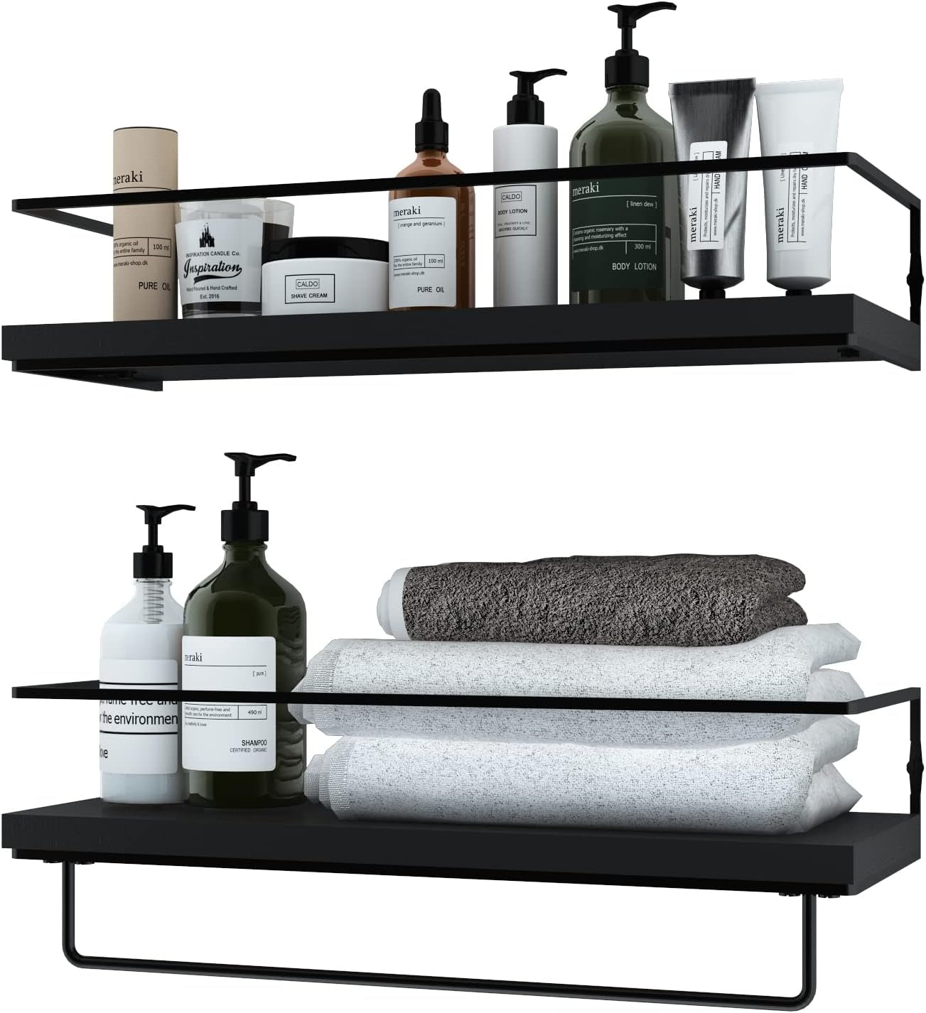 KEZORY Floating Shelves with Towel Rack, Farmhouse Wall Mounted Floating Shelf Storage and Decoration for Bathroom Kitchen Livingroom Bedroom, Home Decor Rustic Wall Decor Set of 2 (Black)