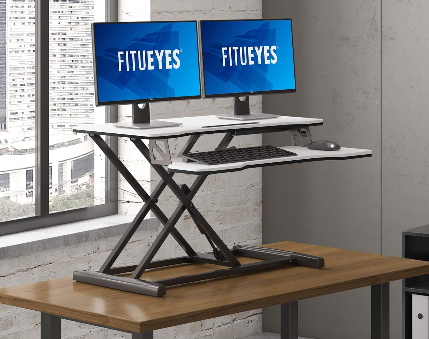 Height Adjustable Standing Desk 32” Wide Sit to Stand Converter Stand up Desk Tabletop Workstation for Laptops Dual Monitor Riser White SD308003WW