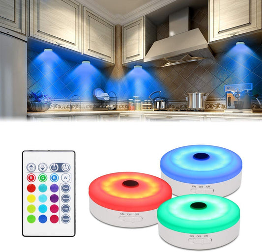 Puck Lights with Remote,Under Cabinet Led Lighting,Rgb Wireless Rechargeable Light for Closet,Display Case,3 Pack
