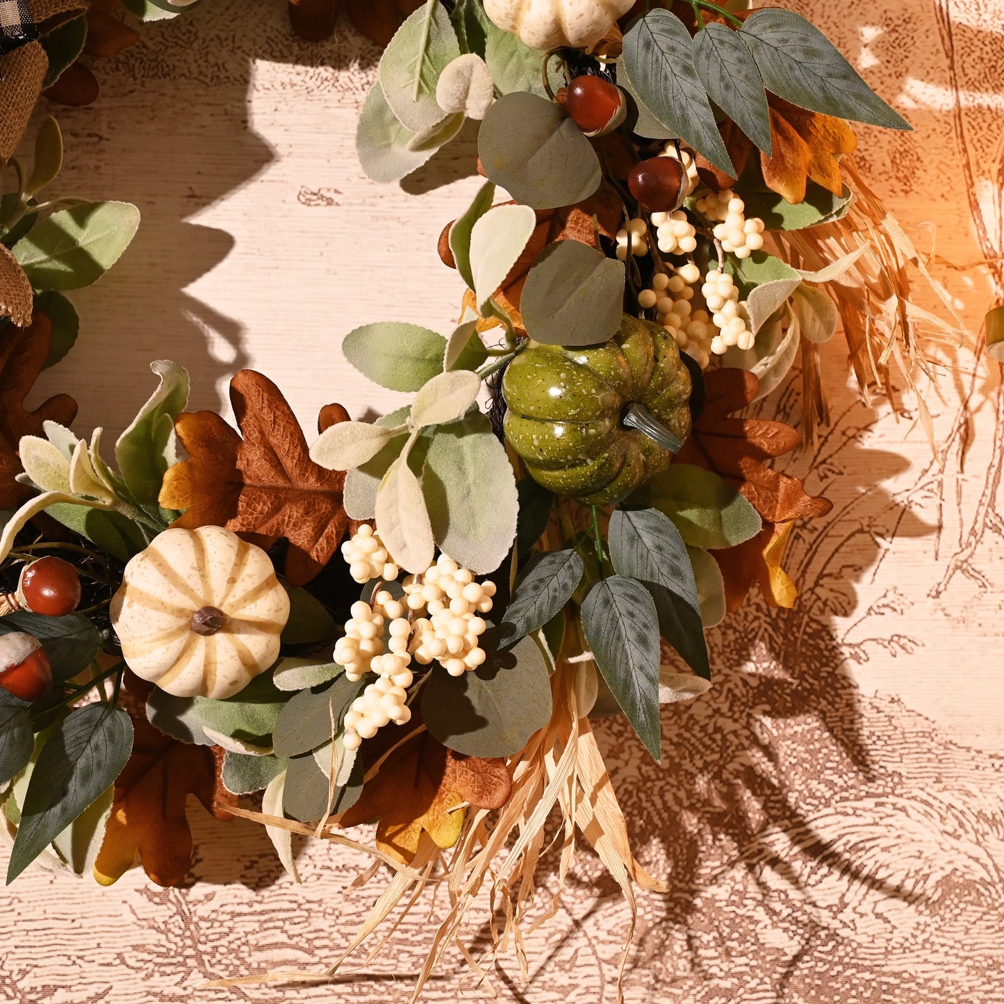 24 Inches Pre-Lit Fall Wreath Lighted Thanksgiving Wreath with Red Orange White Pumpkin & Pine Cone Harvest Wreath for Front Door Fireplace Farmhouse