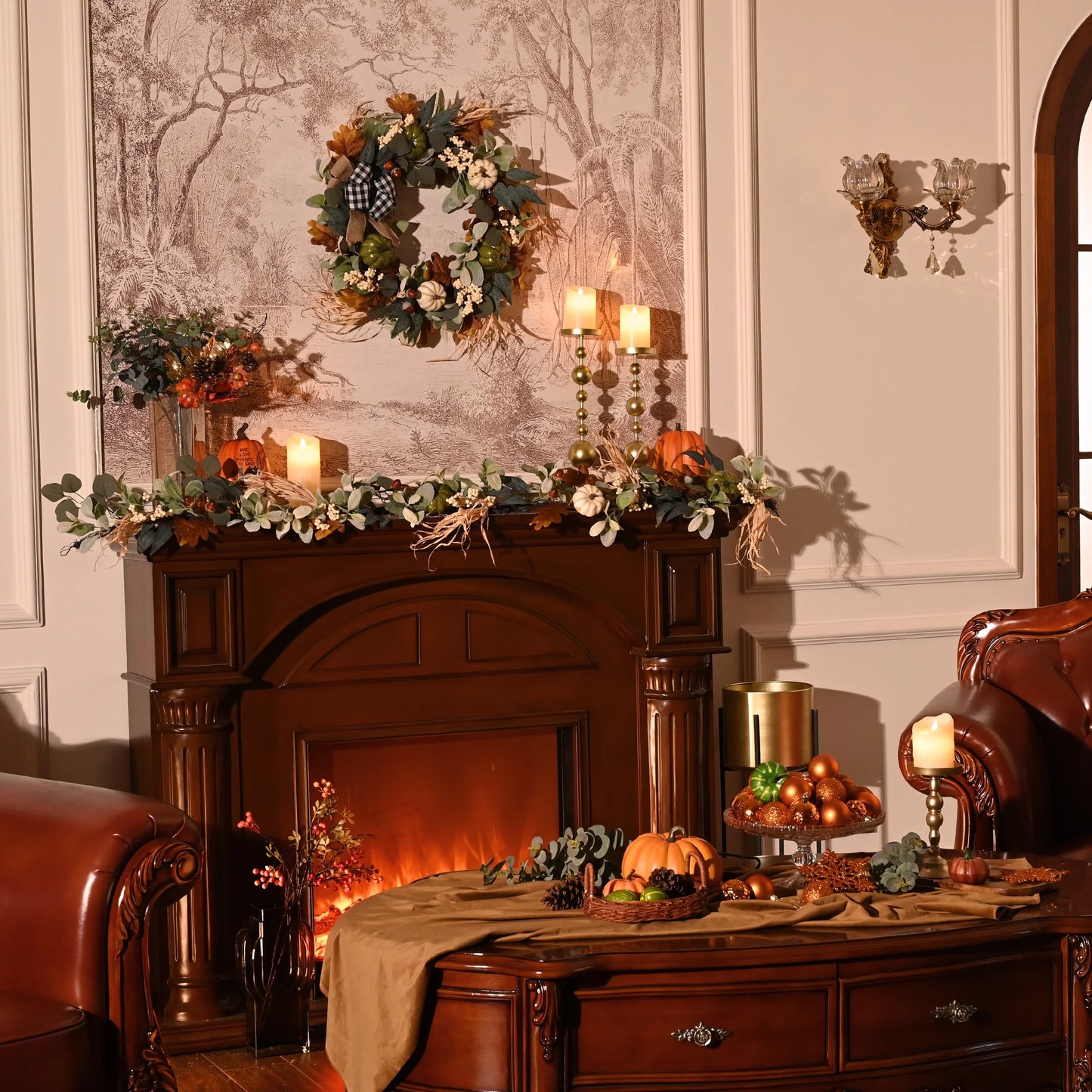 24 Inches Pre-Lit Fall Wreath Lighted Thanksgiving Wreath with Red Orange White Pumpkin & Pine Cone Harvest Wreath for Front Door Fireplace Farmhouse