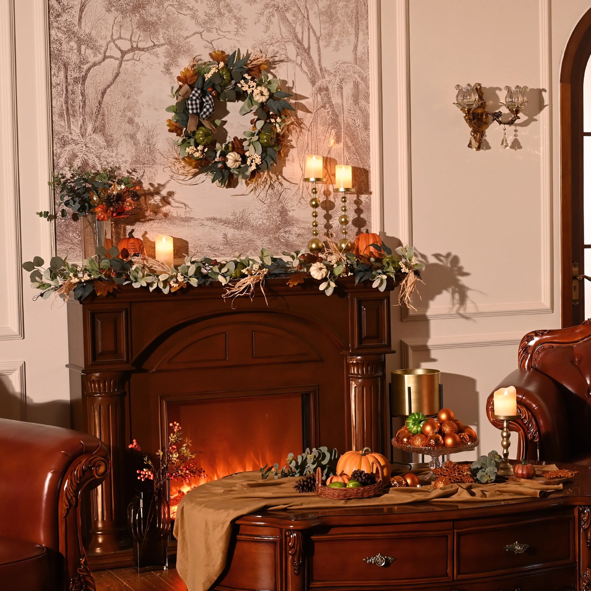 24 Inches Pre-Lit Fall Wreath Lighted Thanksgiving Wreath with Red Orange White Pumpkin & Pine Cone Harvest Wreath for Front Door Fireplace Farmhouse