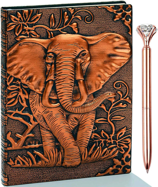 3D Elephant Vintage Leather Journal Writing Notebook with Pen Set,Antique Handmade Leather Daily Notepad Sketchbook,Travel Diary&Notebooks to Write In,Elephant Journal Gift for Men Women