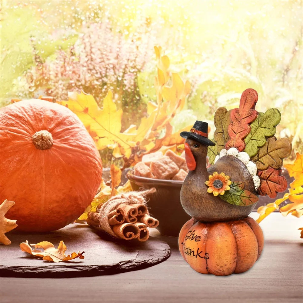 Hand-Painted Thanksgiving Turkey Pumpkin Table Decoration, Resin Table Turkey Pumpkin Centerpiece Table Decoration with Artificial Maple Leaves for Thanksgiving Party