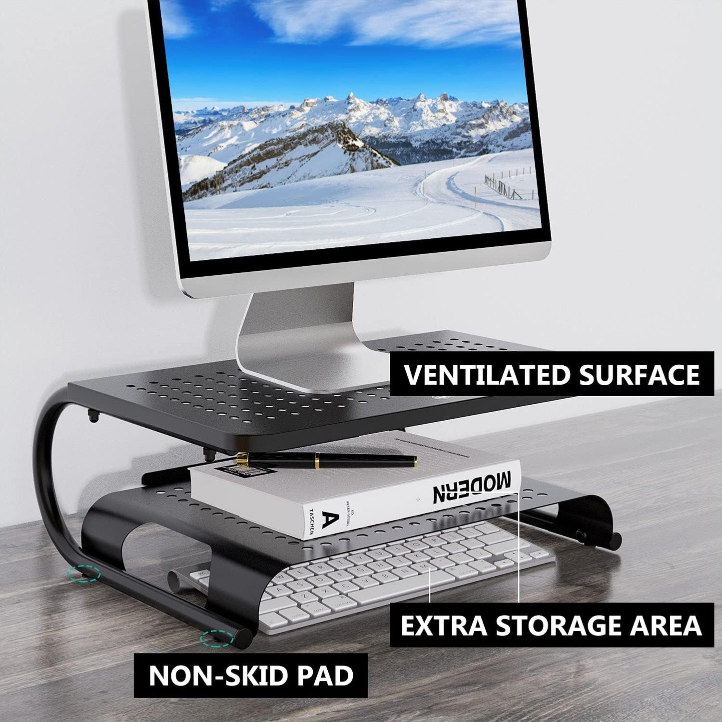 Monitor Stand Riser, Computer Desktop Stand Riser Holder, Vented Metal 2 Tier Desk Shelf for Desk Organizer (STT001B-2), 2 Pack, Black