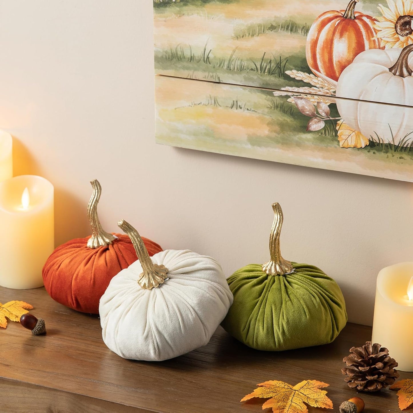 3 Pack Velvet Pumpkins, Orange White Green Artificial Pumpkins for Fall Harvest Thanksgiving Table Decoration