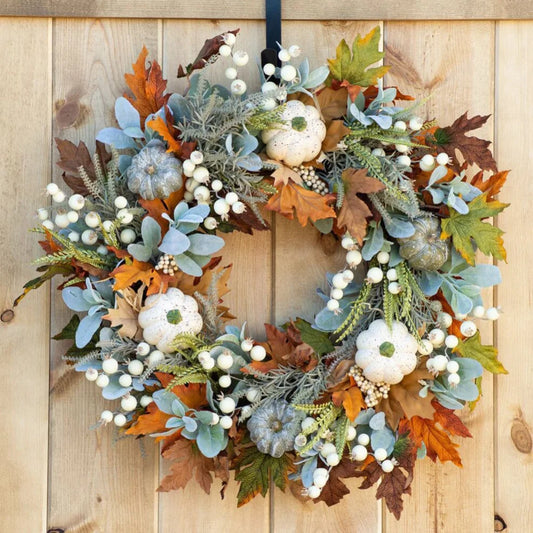 NO Summer Pumpkin & Maple Leaf Wreath Harvest Style for Front Door Thanksgiving Home Decor, Blue