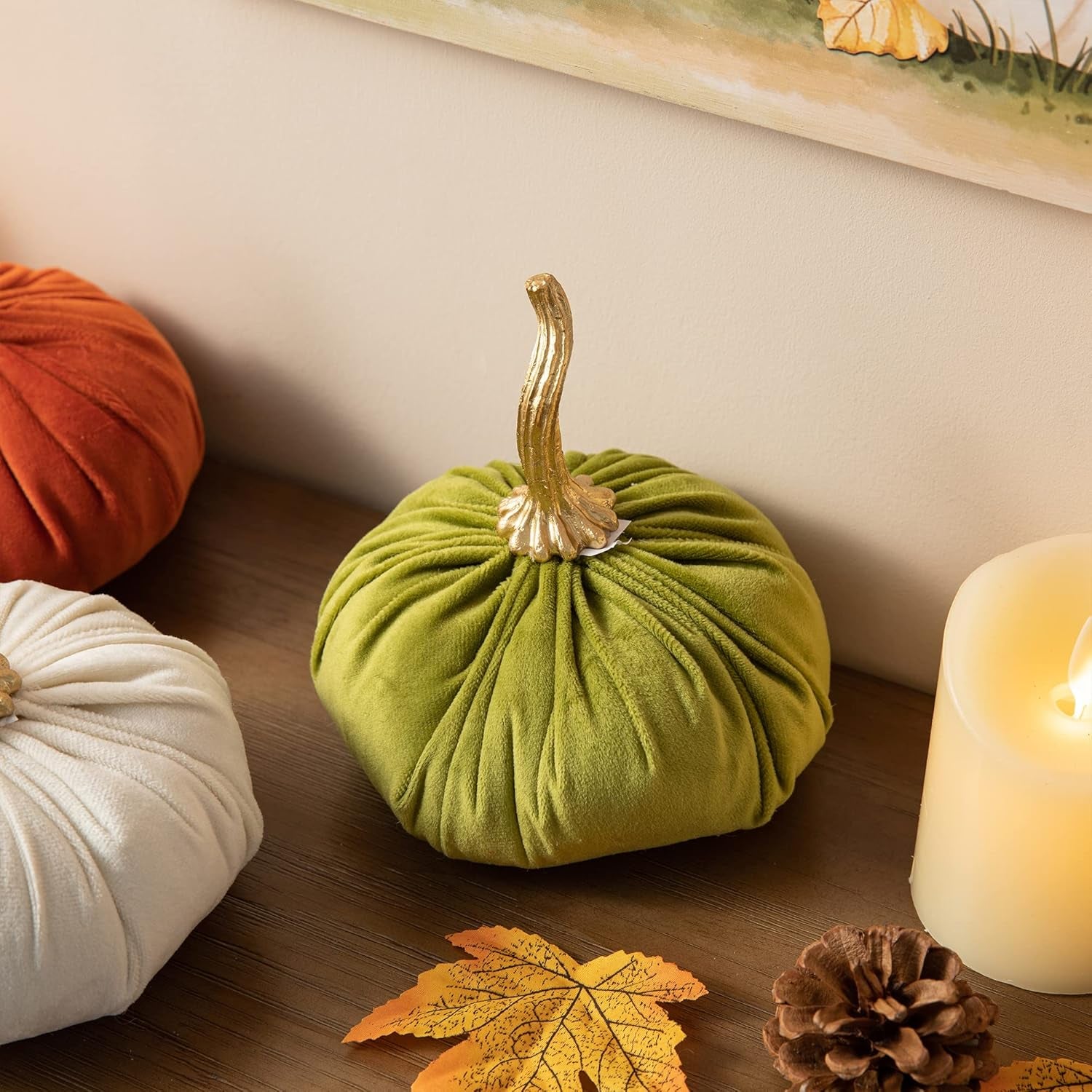 3 Pack Velvet Pumpkins, Orange White Green Artificial Pumpkins for Fall Harvest Thanksgiving Table Decoration