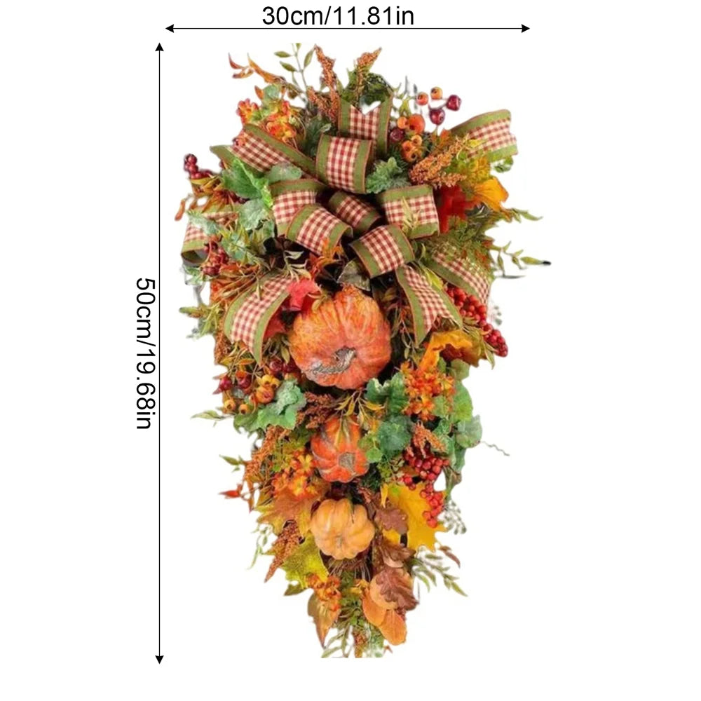 Fall Harvest Teardrop Swag Thanksgiving Teardrop Wreath with Maple Leaves & Pumpkins Artificial Floral Swag for Home Wall Door Indoor Outdoor Wedding Home Party Halloween Decor 20Inch