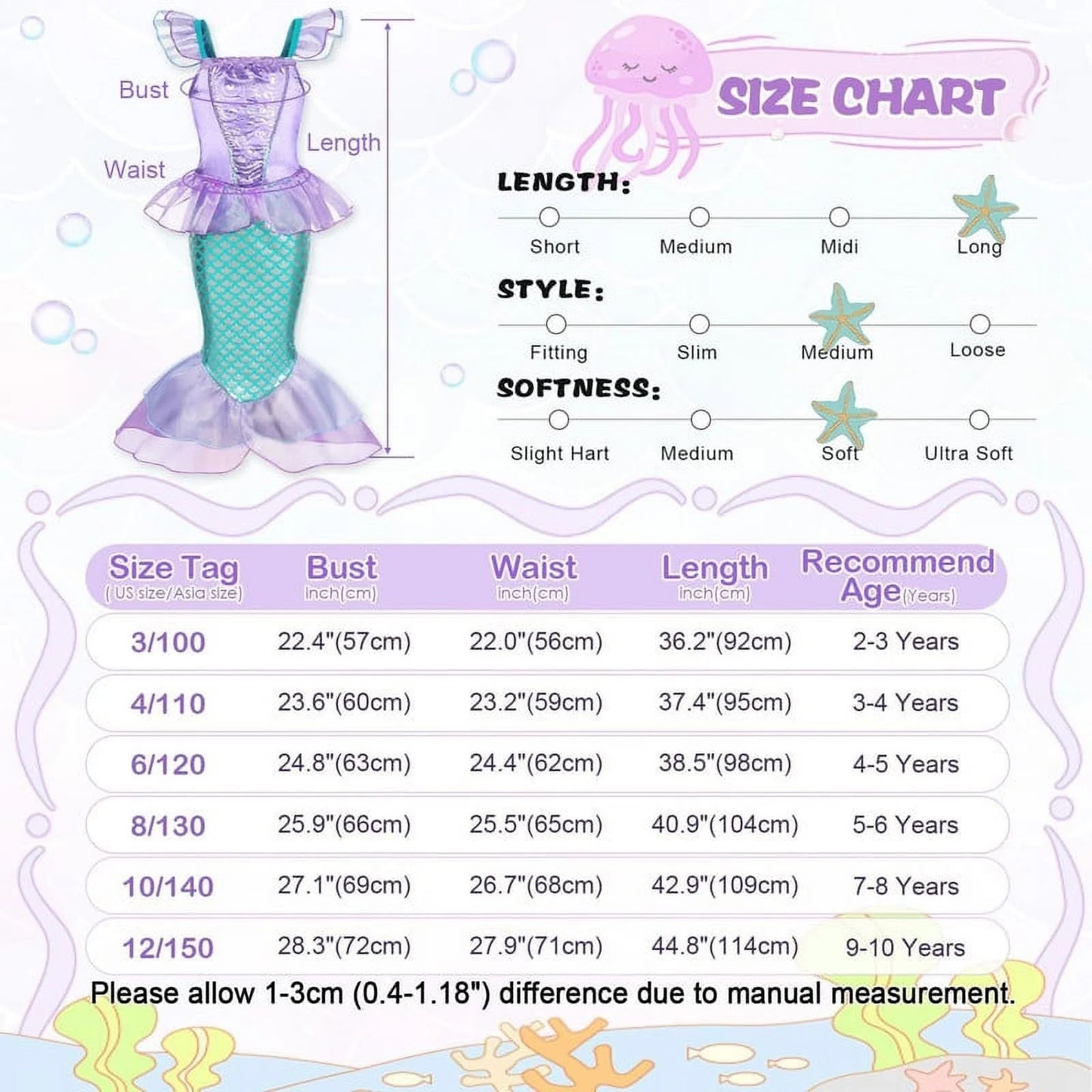 Mermaid Dresses for Girl Princess Dress up Clothes Mermaid Costume up Kids Birthday Party Cosplay Role Play Clothes Tween 110 Cm 3-4 Years