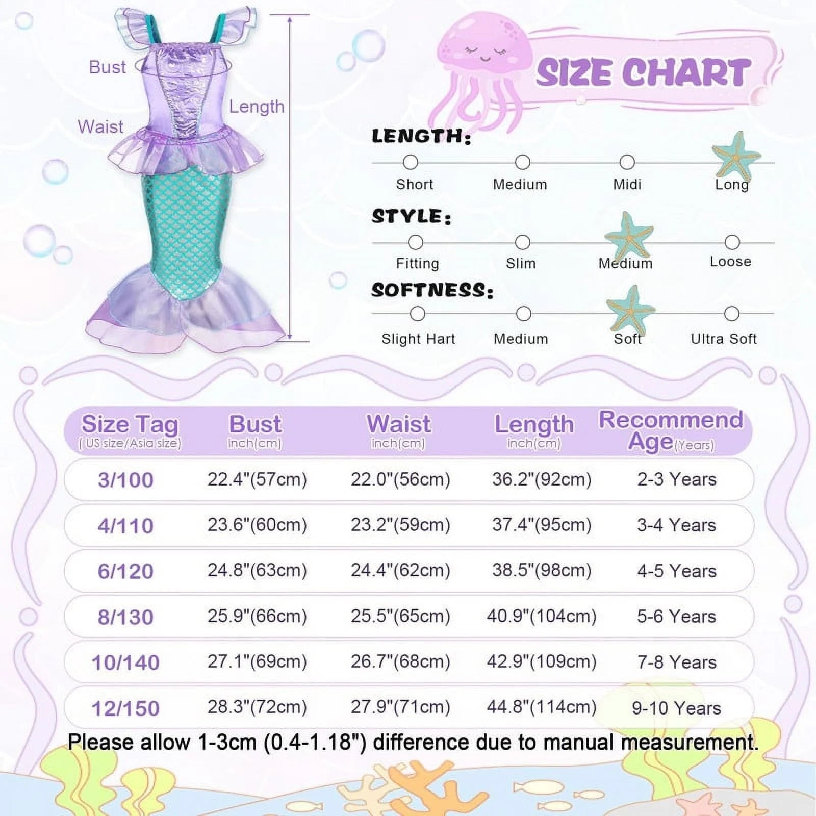 Mermaid Dresses for Girl Princess Dress up Clothes Mermaid Costume up Kids Birthday Party Cosplay Role Play Clothes Tween 110 Cm 3-4 Years