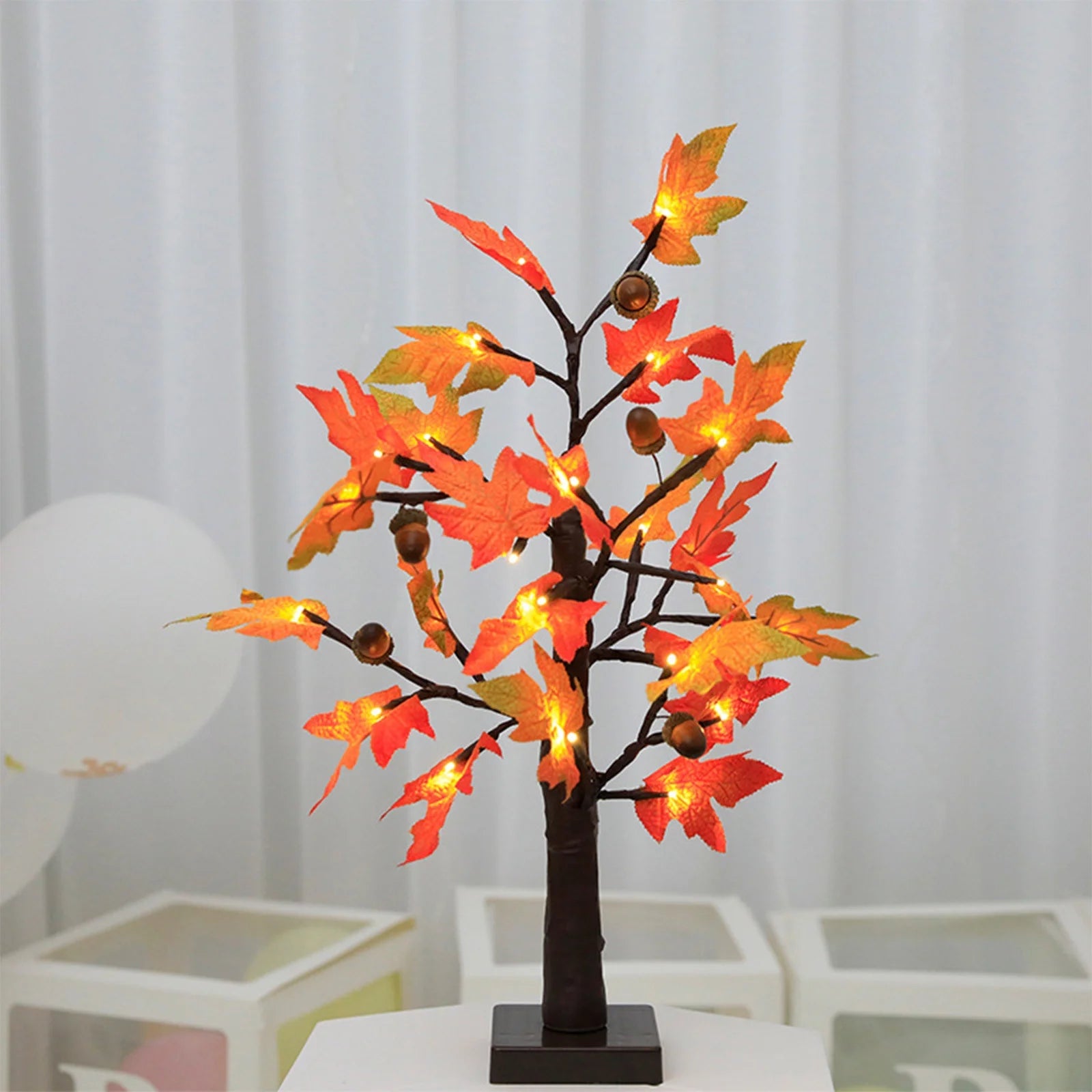 Fall Decorations for Home, 24 Lighted Fall Maple Leaves Tree with Warm White Leds Autumn Decor, Pumpkin Lampshade, Pine Cone, Acorn Ornaments Battery Powered Timer for Thanksgiving