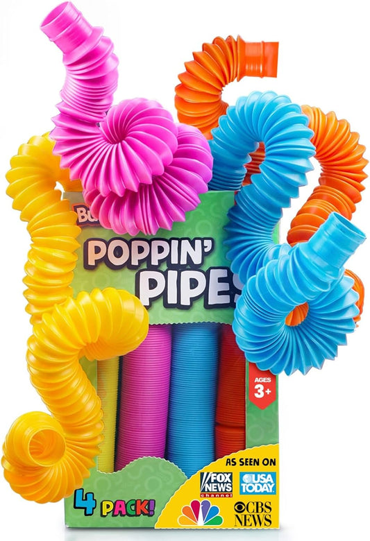 Pop Tubes – Large 8-Pack Fidget Toys – Poppin Pipes Sensory Toys for Toddlers and Kids, Fun Travel Toy for Fine Motor Skill Development