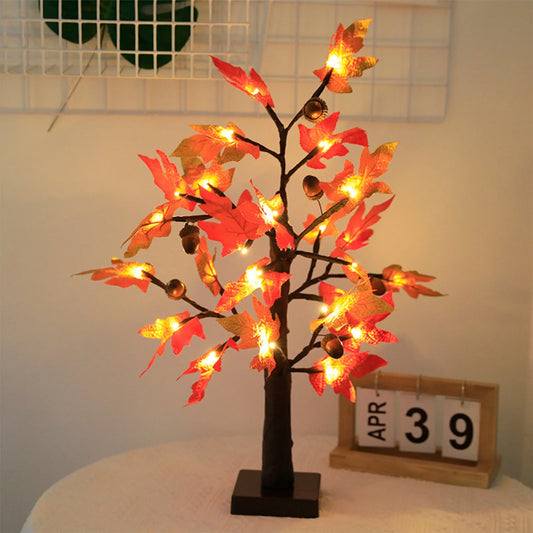 Fall Decorations for Home, 24 Lighted Fall Maple Leaves Tree with Warm White Leds Autumn Decor, Pumpkin Lampshade, Pine Cone, Acorn Ornaments Battery Powered Timer for Thanksgiving