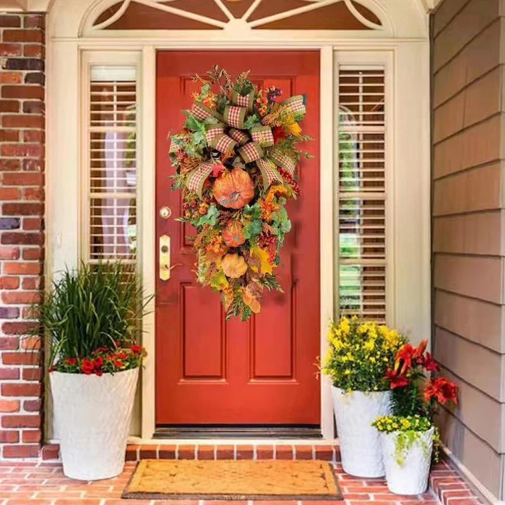 Fall Harvest Teardrop Swag Thanksgiving Teardrop Wreath with Maple Leaves & Pumpkins Artificial Floral Swag for Home Wall Door Indoor Outdoor Wedding Home Party Halloween Decor 20Inch