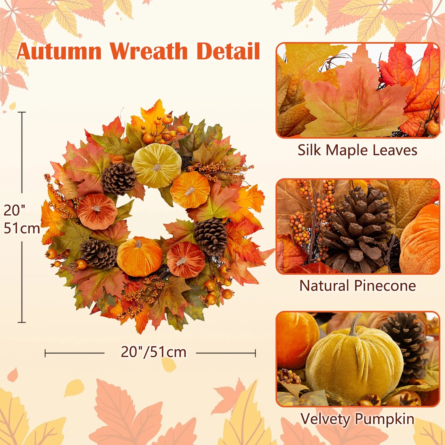 20'' Autumn Pumpkin Wreath Velvet Pumpkin Fall Maple Leaves Pinecones Wreaths for Front Door Home Decor with Metal Hook Large Harvest