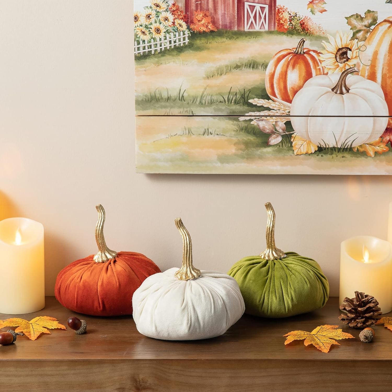 3 Pack Velvet Pumpkins, Orange White Green Artificial Pumpkins for Fall Harvest Thanksgiving Table Decoration