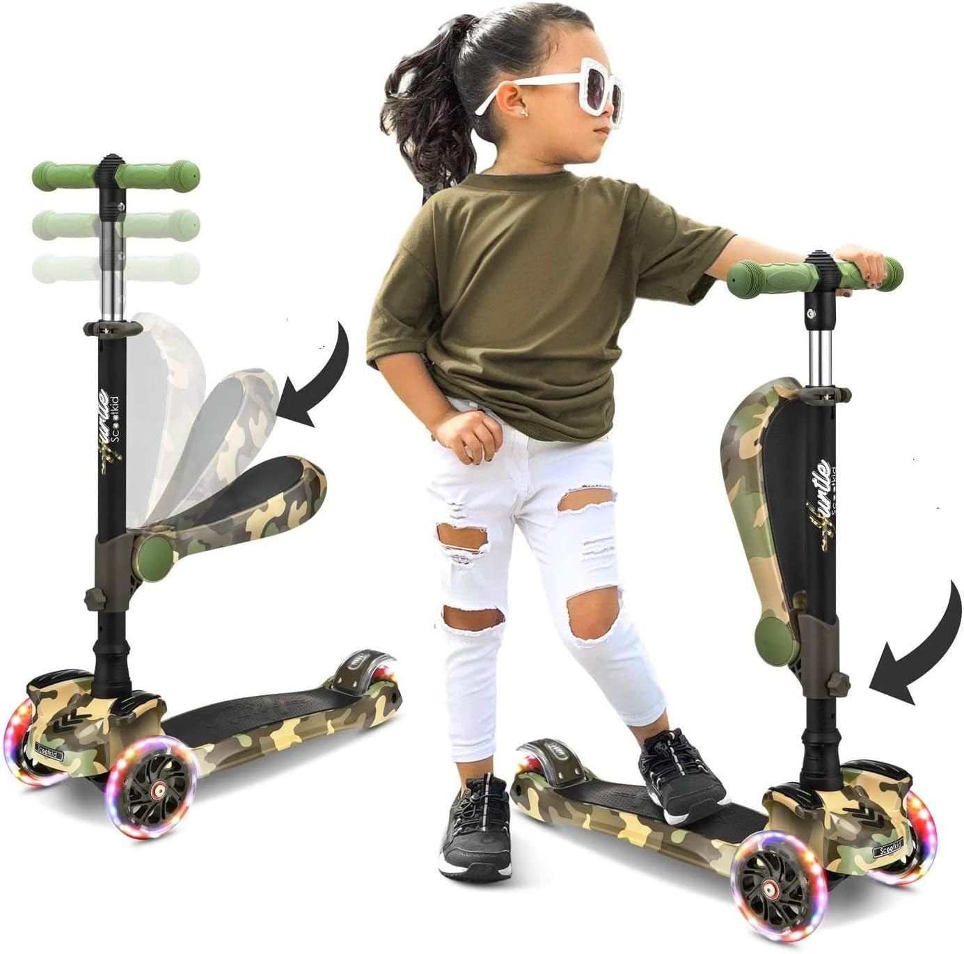 3-Wheeled Scooter for Kids - Wheel LED Lights, Adjustable Lean-To-Steer Handlebar, and Foldable Seat - Sit or Stand Ride with Brake for Boys and Girls Ages 1-14 Years Old