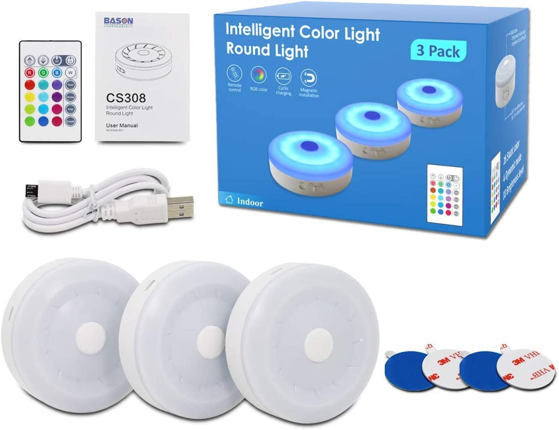 Puck Lights with Remote,Under Cabinet Led Lighting,Rgb Wireless Rechargeable Light for Closet,Display Case,3 Pack