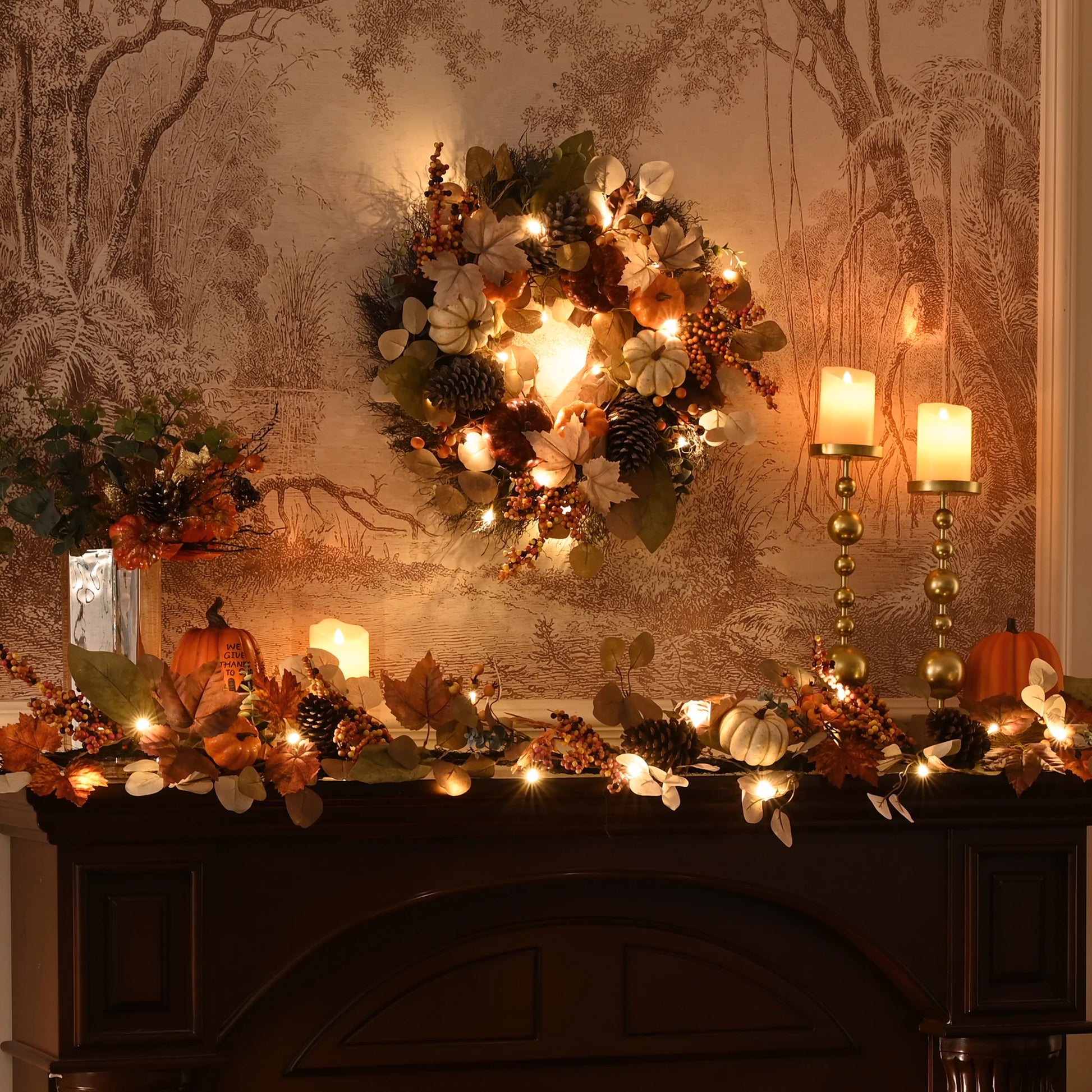 24 Inches Pre-Lit Fall Wreath Lighted Thanksgiving Wreath with Red Orange White Pumpkin & Pine Cone Harvest Wreath for Front Door Fireplace Farmhouse