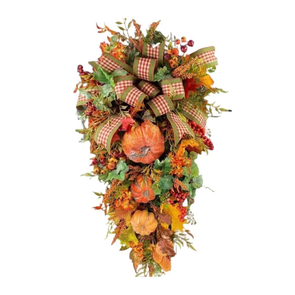 Fall Harvest Teardrop Swag Thanksgiving Teardrop Wreath with Maple Leaves & Pumpkins Artificial Floral Swag for Home Wall Door Indoor Outdoor Wedding Home Party Halloween Decor 20Inch