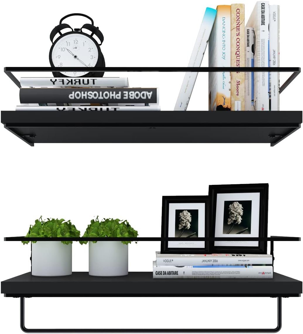 KEZORY Floating Shelves with Towel Rack, Farmhouse Wall Mounted Floating Shelf Storage and Decoration for Bathroom Kitchen Livingroom Bedroom, Home Decor Rustic Wall Decor Set of 2 (Black)