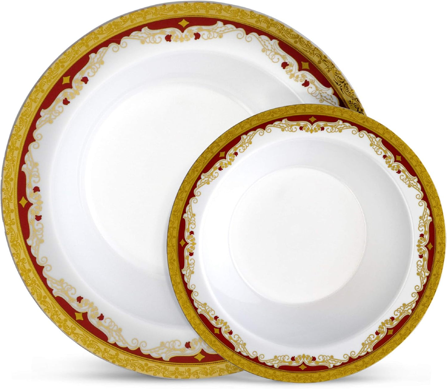 32-Pc Disposable Plastic Thanksgiving Dinnerware Set with Burgundy Rim & Gold Accents by