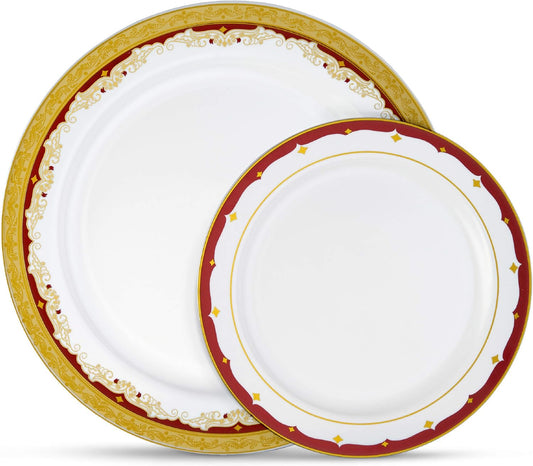 32-Pc Disposable Plastic Thanksgiving Dinnerware Set with Burgundy Rim & Gold Accents by