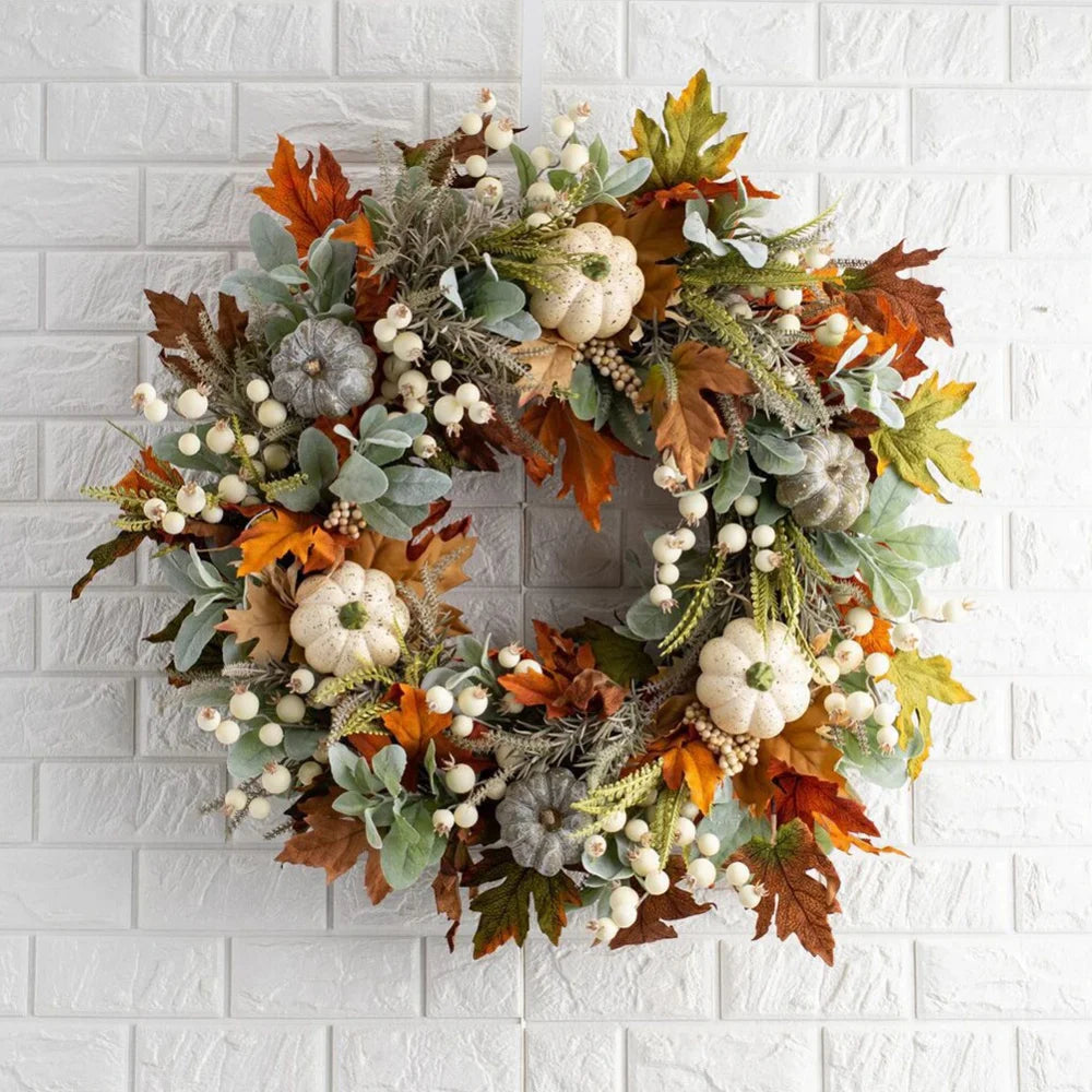 NO Summer Pumpkin & Maple Leaf Wreath Harvest Style for Front Door Thanksgiving Home Decor, Blue
