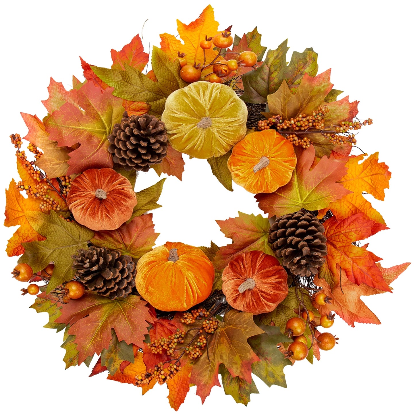 20'' Autumn Pumpkin Wreath Velvet Pumpkin Fall Maple Leaves Pinecones Wreaths for Front Door Home Decor with Metal Hook Large Harvest