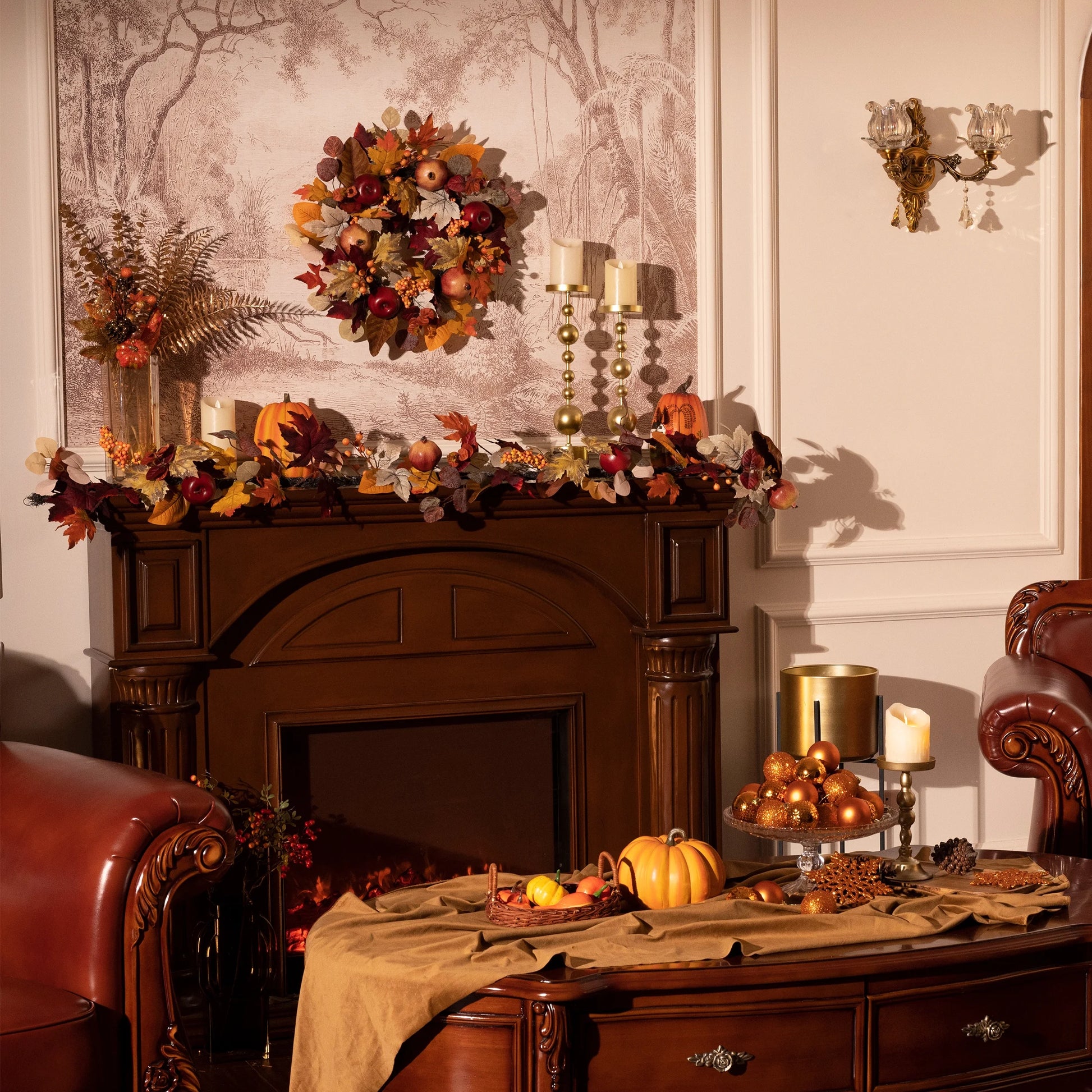 24 Inches Pre-Lit Fall Wreath Lighted Thanksgiving Wreath with Pomegranate & Apple Fall Wreath for Front Door Indoor Fireplace Farmhouse