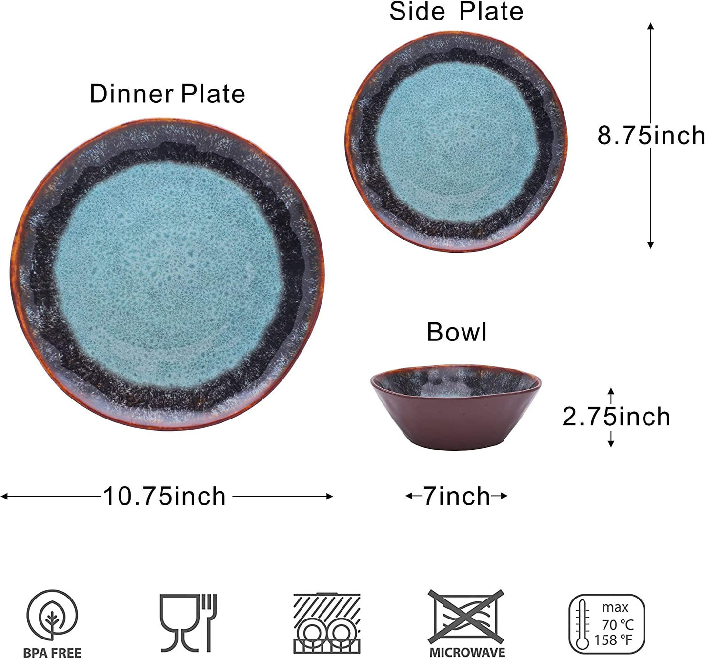 Melamine Dinnerware Set 12 Pcs for 4, Camping Plates and Bowls, Unbreakable, Lightweight, BPA Free, Dishwasher Safe, Blue with Brown