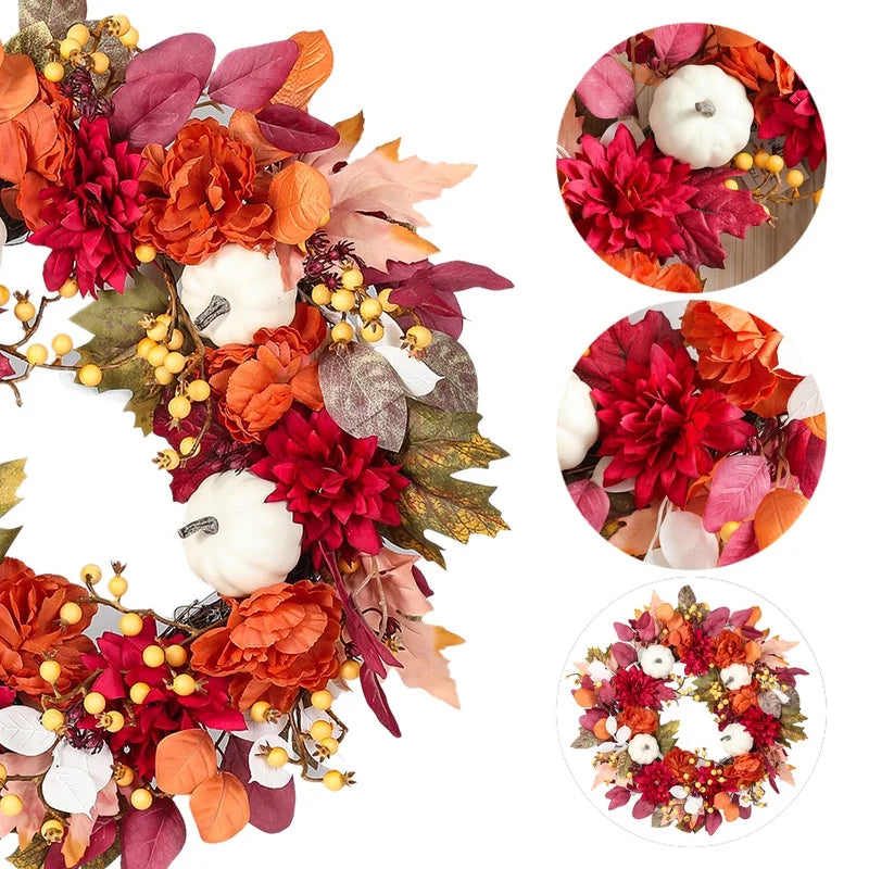 Fall Wreaths for Front Door, 18 Inch Thanksgiving Wreaths Artificial Pumpkin Maple Leaves Autumn Wreaths, Thanksgiving Harvest Festival Fall Decorations Indoor and Outdoor