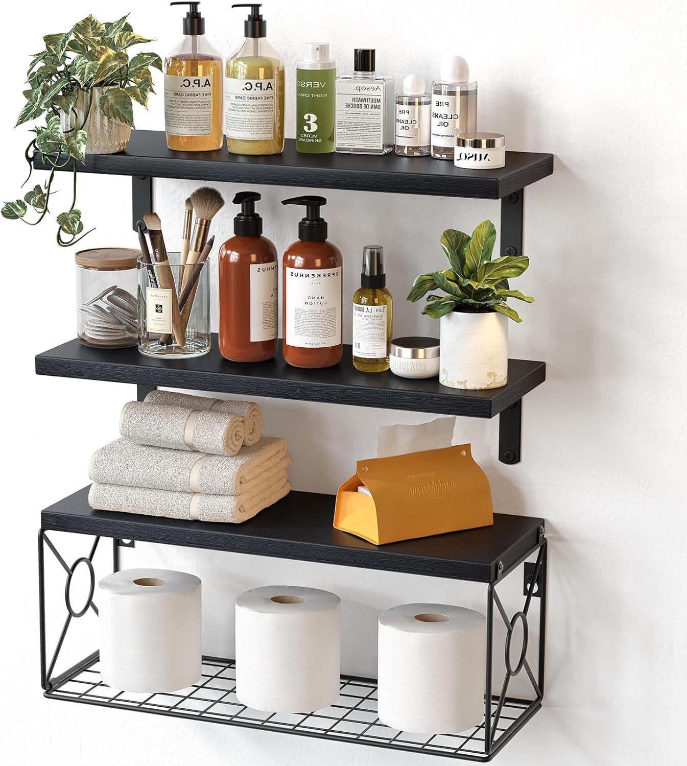 Amada Bathroom Shelves over Toilet with Storage Basket, Floating Shelves Wall Shelves for Home Organization & Wall Decor, Bathroom/Kitchen/Living Room Shelves–Natural Wood