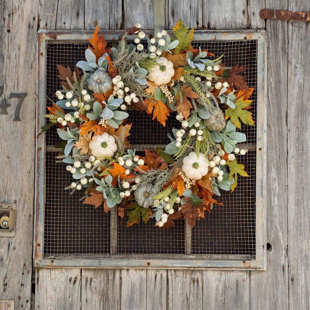 NO Summer Pumpkin & Maple Leaf Wreath Harvest Style for Front Door Thanksgiving Home Decor, Blue