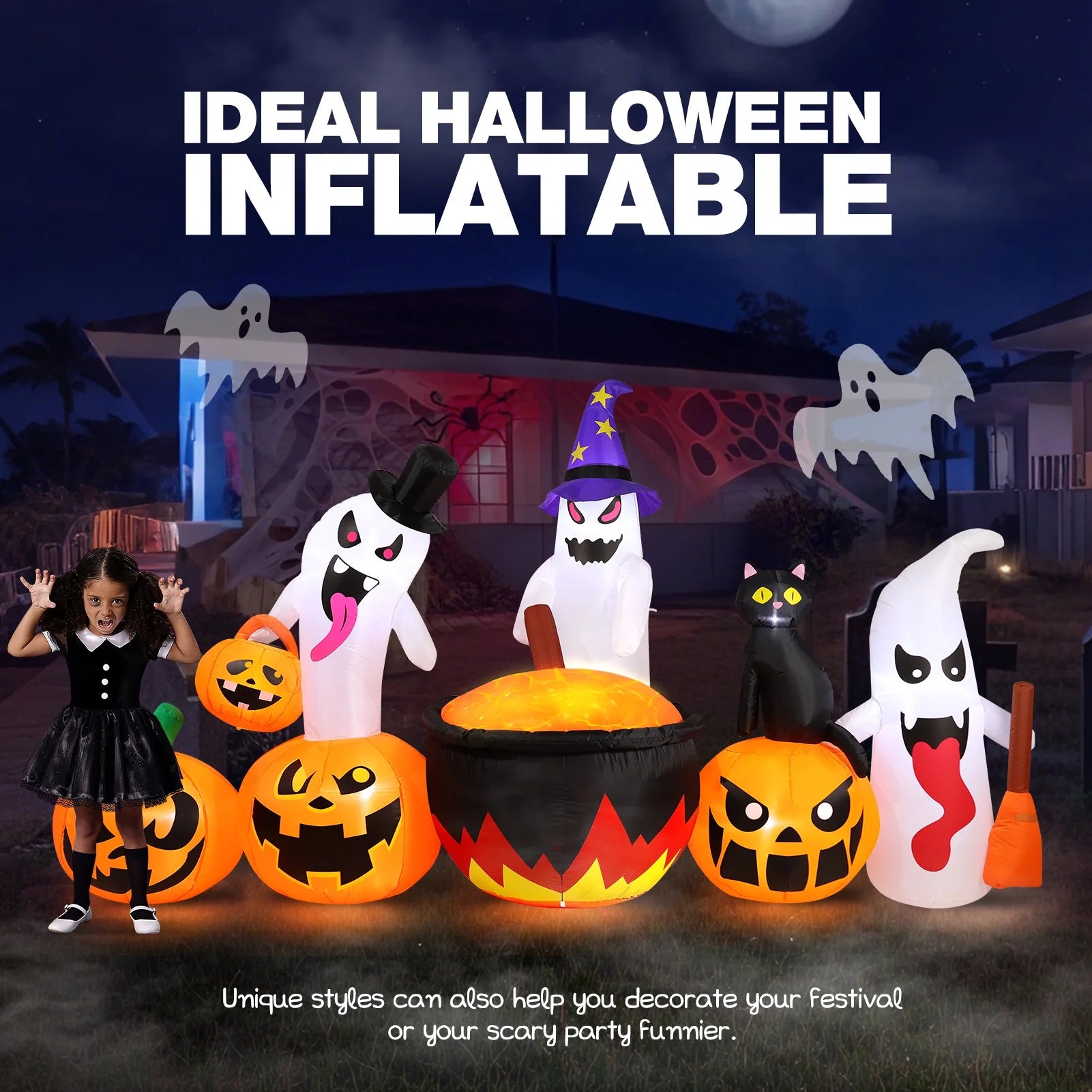8.5FT Halloween Inflatables Pumpkin Ghost Family with Built-In LED Lights, Halloween Blow up Yard Decorations