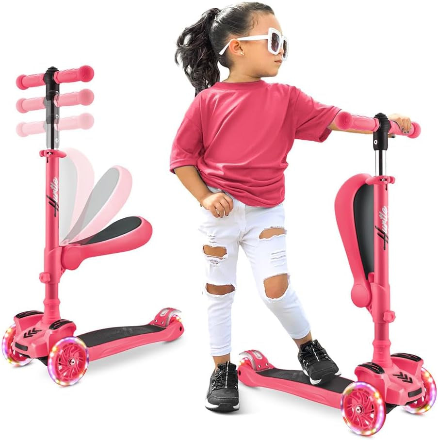 3-Wheeled Scooter for Kids - Wheel LED Lights, Adjustable Lean-To-Steer Handlebar, and Foldable Seat - Sit or Stand Ride with Brake for Boys and Girls Ages 1-14 Years Old