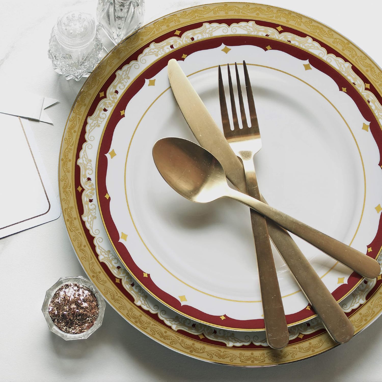 32-Pc Disposable Plastic Thanksgiving Dinnerware Set with Burgundy Rim & Gold Accents by