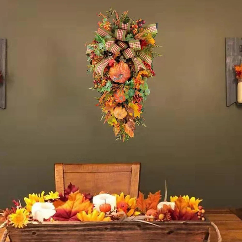 Fall Harvest Teardrop Swag Thanksgiving Teardrop Wreath with Maple Leaves & Pumpkins Artificial Floral Swag for Home Wall Door Indoor Outdoor Wedding Home Party Halloween Decor 20Inch